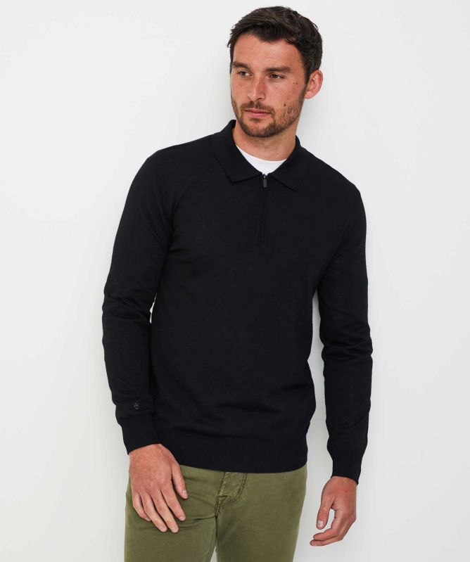 Thomas Maine Long Sleeve Merino Zip Polo Shirt