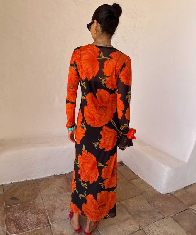 floral dresses midi Mac Duggal - Multicolor Floral High Neck Balloon Sleeve Midi Dress