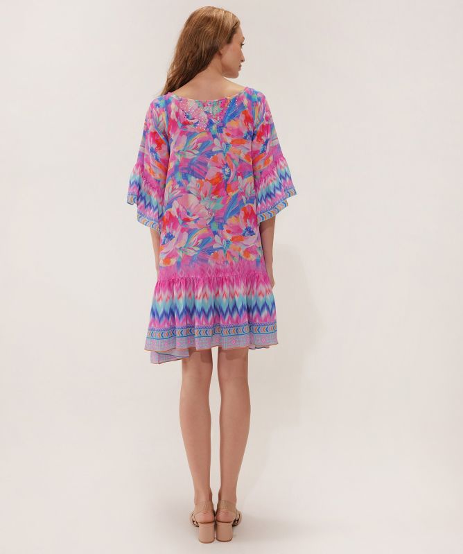 Inoa Sydney Blue Silk FRILL NECK DRESS with Crystals FRN 202
