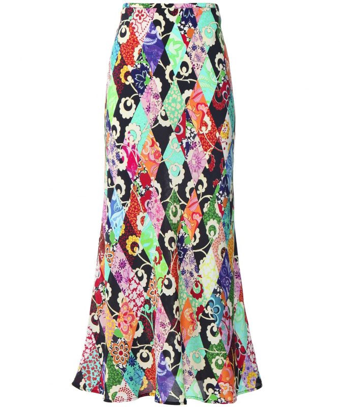 RIXO Kelly Silk Patchwork Midi Skirt