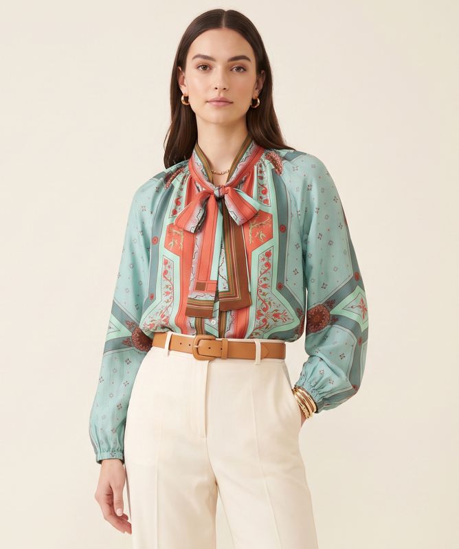 One Hundred Stars Fleur De Lys Aqua Pussybow Blouse
