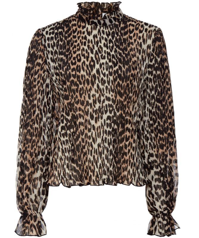 GANNI Pleated Leopard Print Georgette Blouse