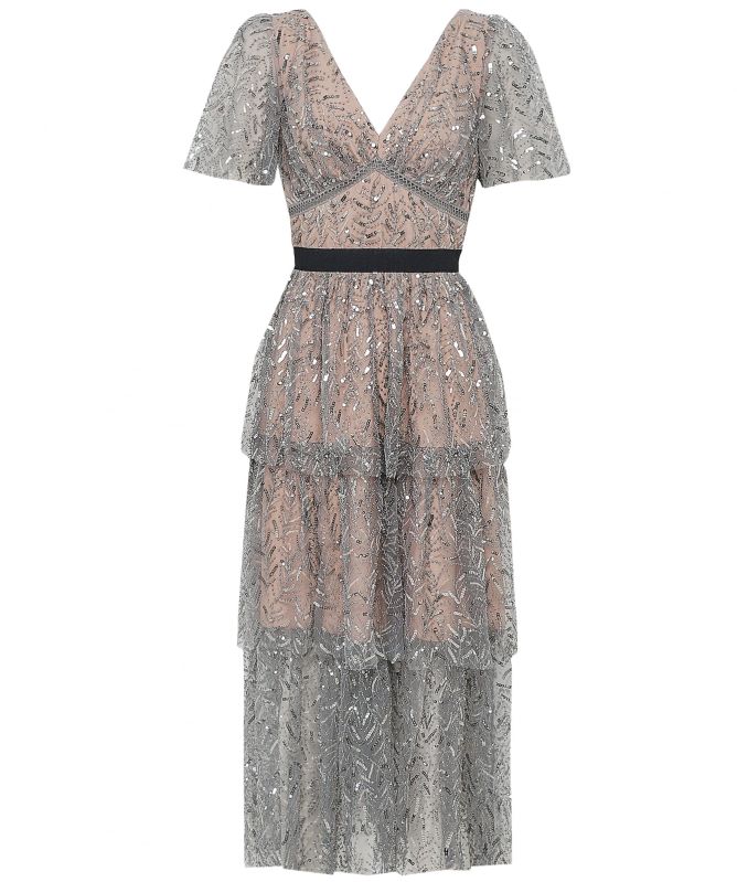 Self-Portrait Leaf Sequin Midi Dress