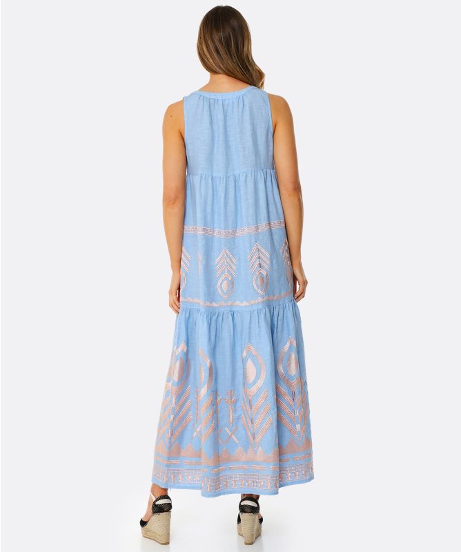 Greek Archaic Kori Sleeveless Embroidered Maxi Dress