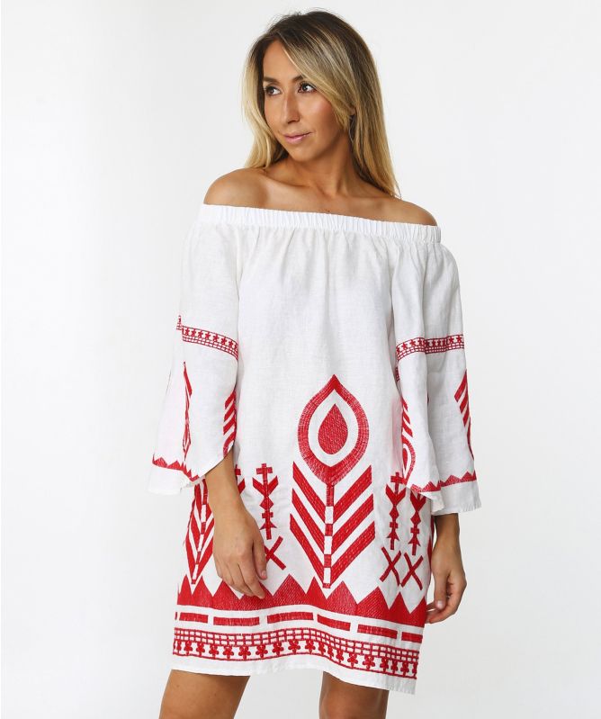 Greek Archaic Kori Linen Embroidered Bardot Dress