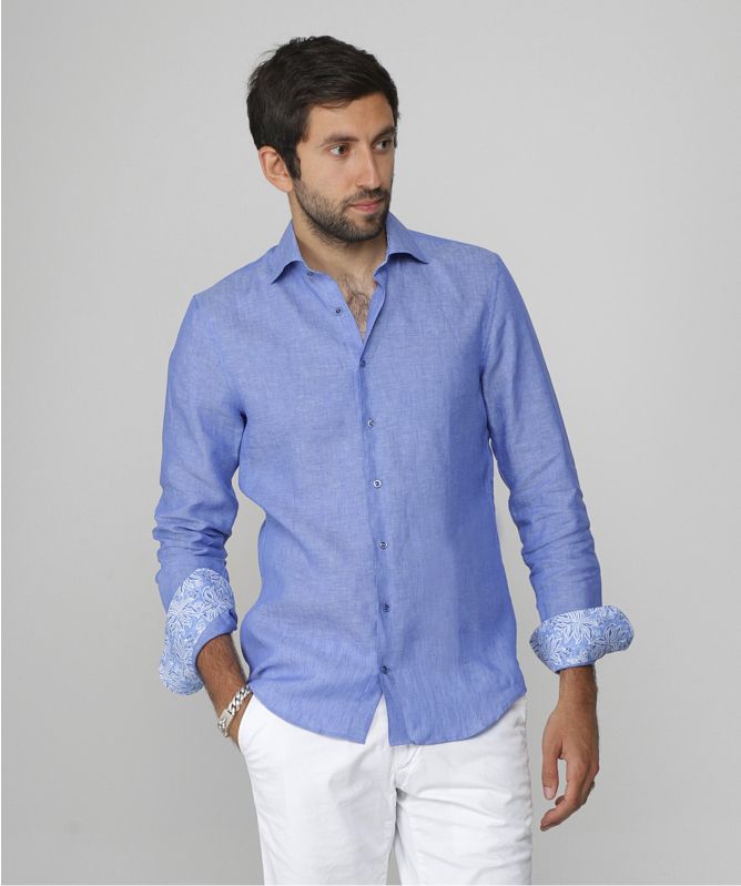 Stenstroms Slimline Linen Floral Trim Shirt