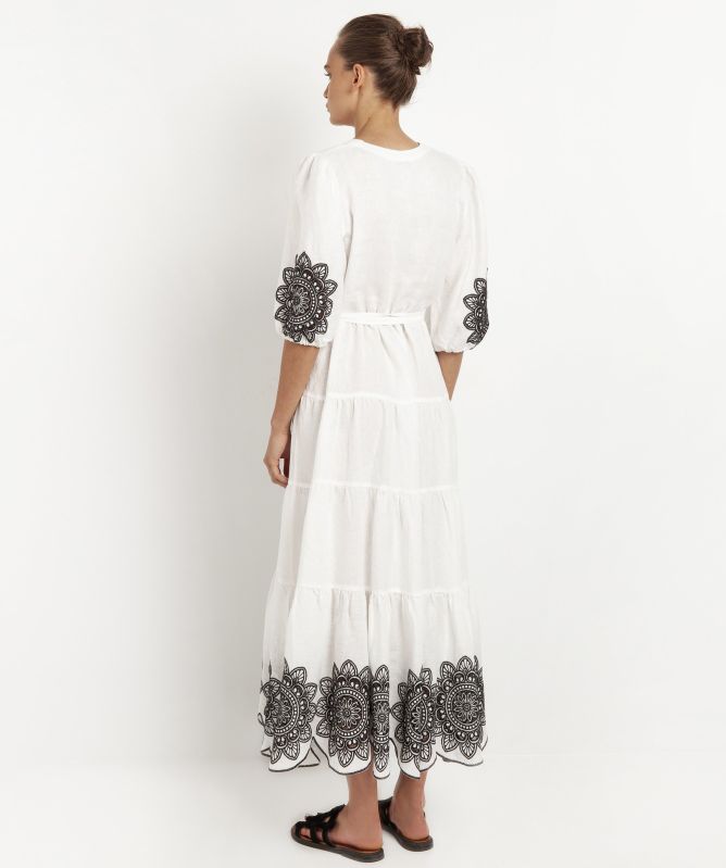 Greek Archaic Kori Linen Embroidered Daisy Midi Dress