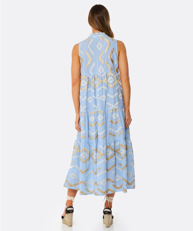 Greek Archaic Kori Rhombus Embroidered Maxi Dress