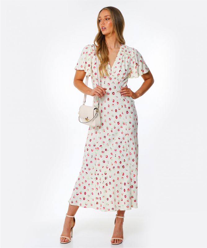RIXO Bessie Buttercup Flutter Sleeve Midi Dress