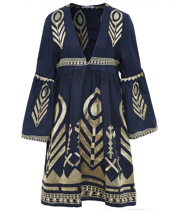 Greek Archaic Kori Linen Embroidered V-Neck Dress