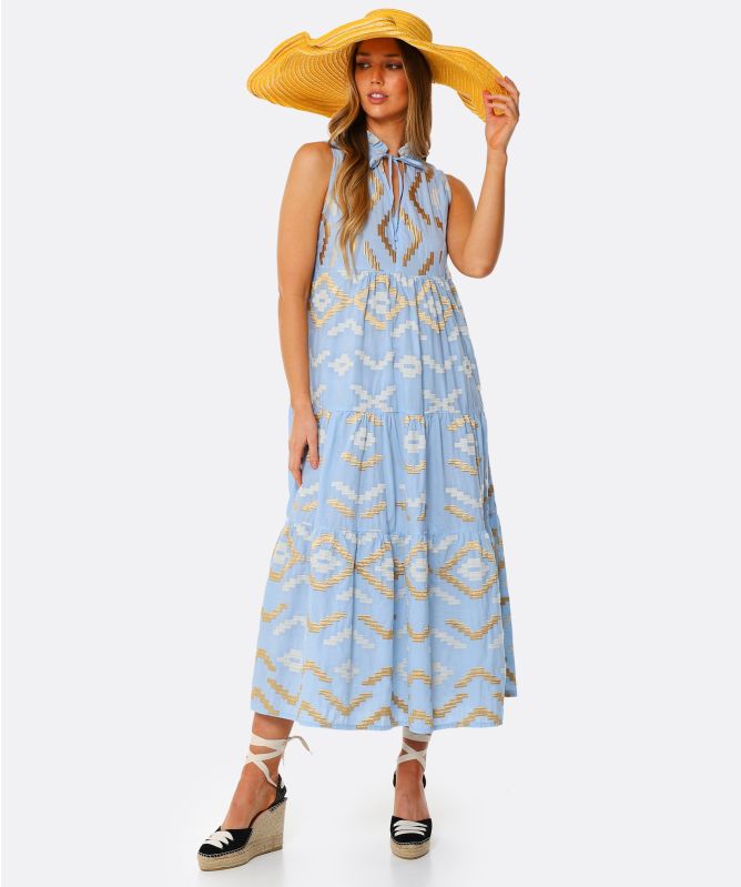 Greek Archaic Kori Rhombus Embroidered Maxi Dress