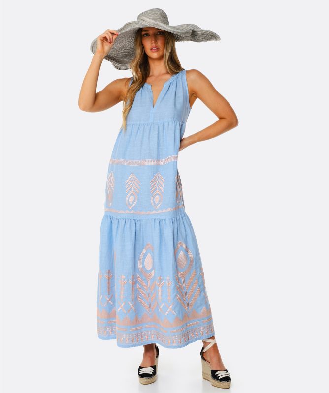 Greek Archaic Kori Sleeveless Embroidered Maxi Dress