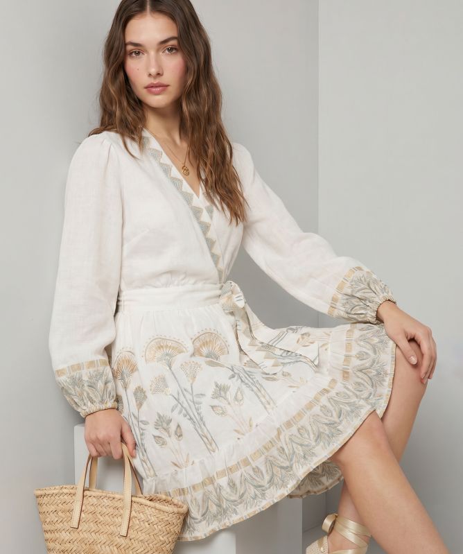 Greek Archaic Kori Papyrus Embroidered Wrap Dress