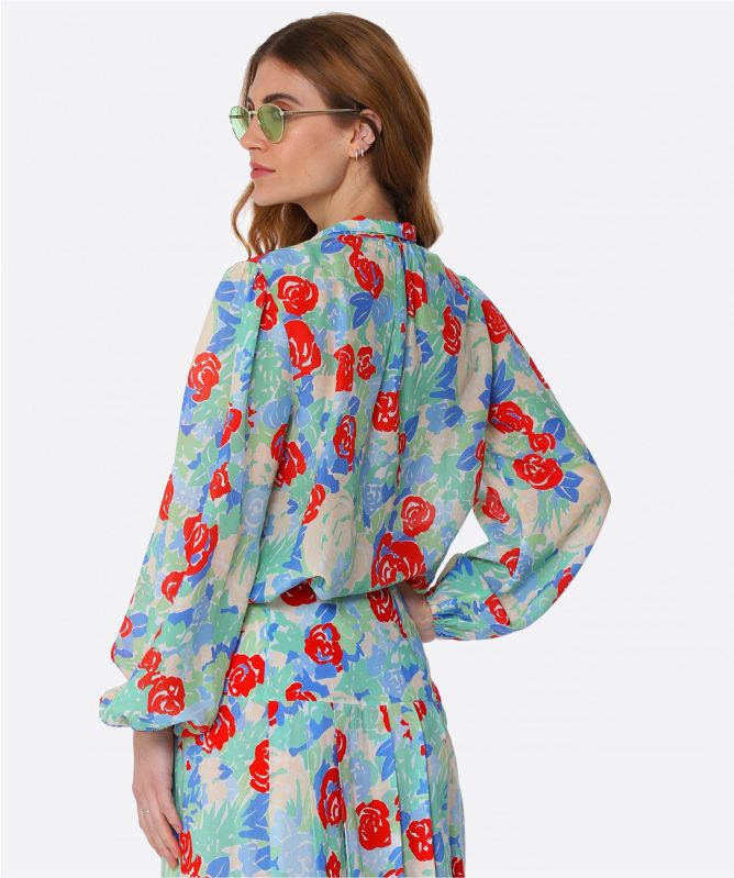 RIXO Moss Floral Silk Blouse