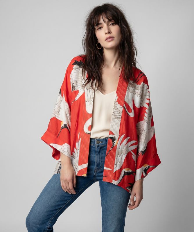One Hundred Stars Stork Print Kimono