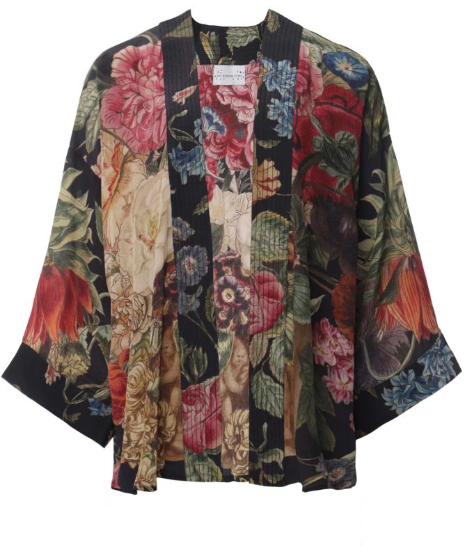 One Hundred Stars Primula Black Crepe Kimono