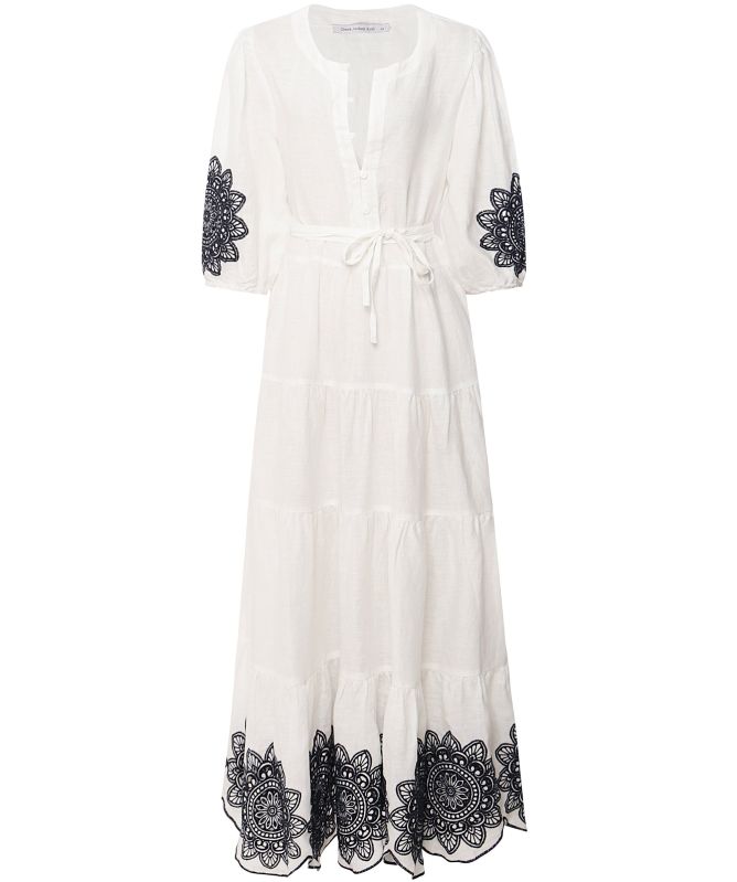 Greek Archaic Kori Linen Embroidered Daisy Midi Dress