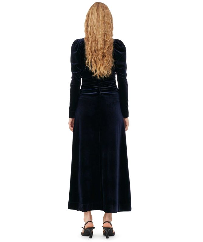bright blue velvet dress Navy Blue Long Velvet Prom Dress with Beaded Trim Navy / 12 main image 1