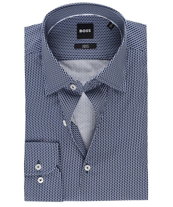 BOSS Hombres H HANK Kent C1 214 Camisa Slim Popelín De Algodón Stretch Impreso, Azul Oscuro404, 38