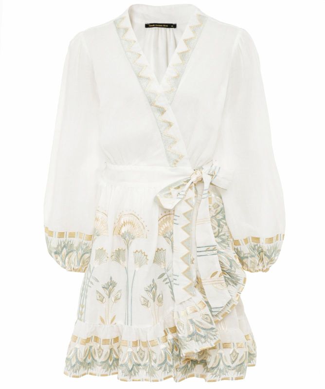 Greek Archaic Kori Papyrus Embroidered Wrap Dress