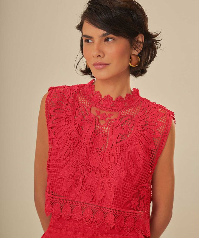 Farm Rio Red Toucan Guipure Sleeveless Top