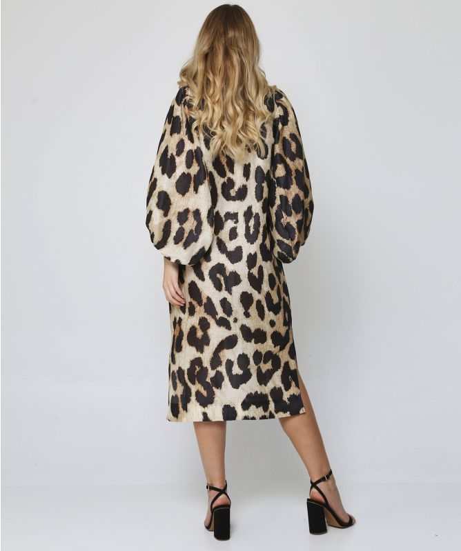 GANNI Silk Linen Leopard Print Midi Dress
