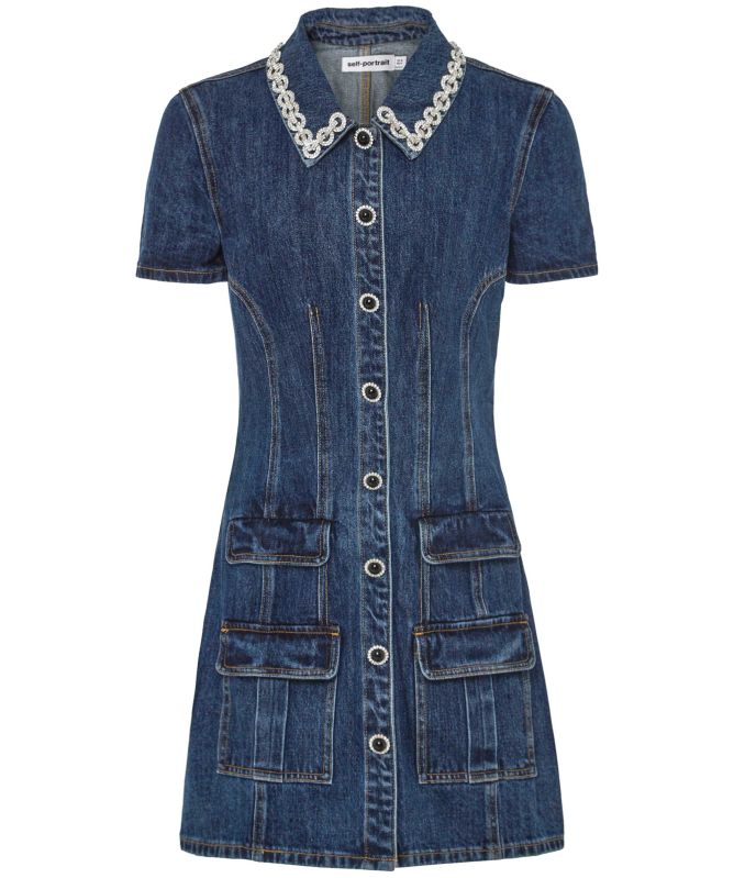 Self-Portrait Denim Crystal Trim Collared Mini Dress Self-Portrait Denim Crystal Trim Collared Mini Dress