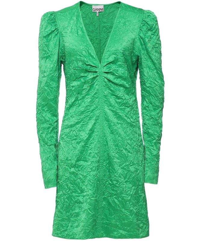 GANNI Green Crinkled Satin Mini Dress | Jules B