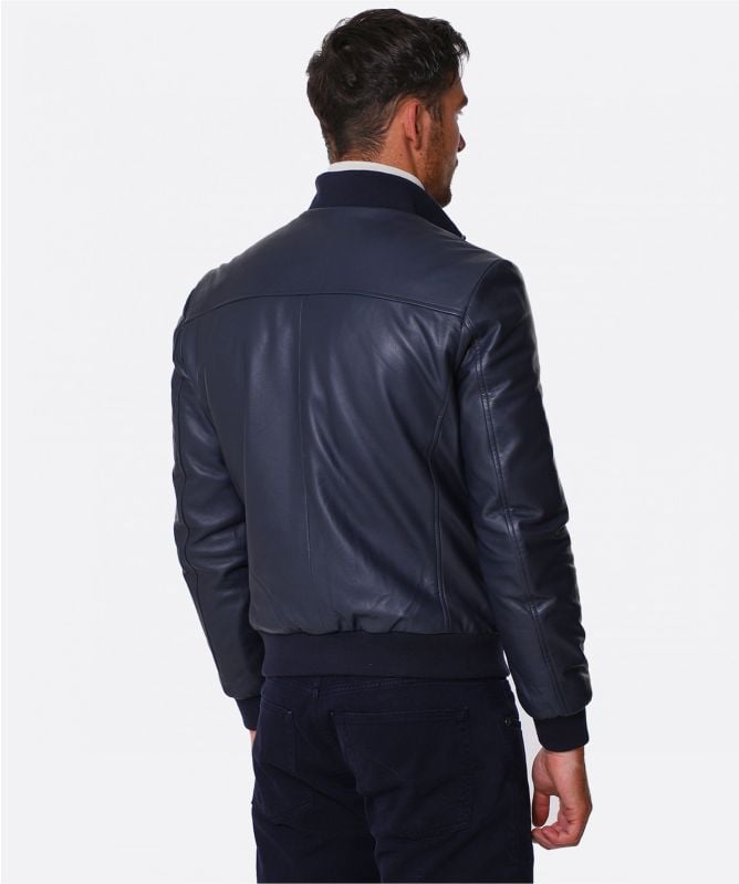 Pal Zileri Navy Leather Bomber Jacket | Jules B