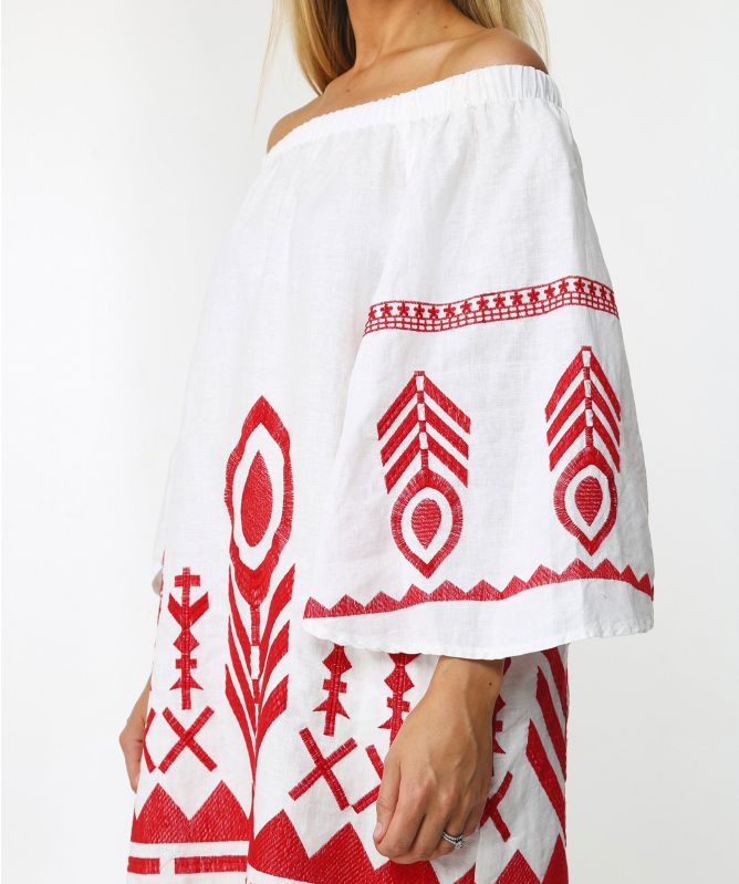 Greek Archaic Kori Linen Embroidered Bardot Dress