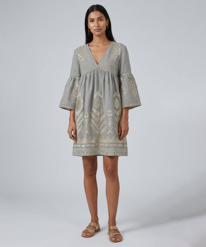 Greek Archaic Kori Feather Embroidered Mini Dress