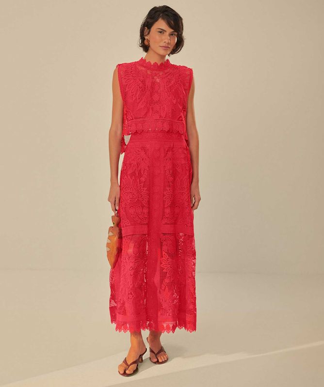 Farm Rio Red Toucan Guipure Midi Skirt