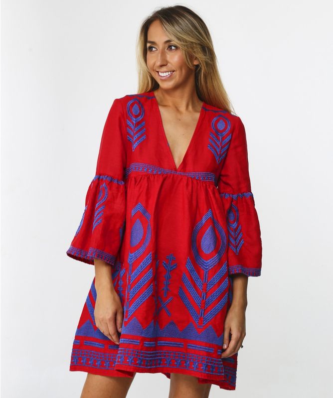 Greek Archaic Kori Linen Embroidered V-Neck Dress