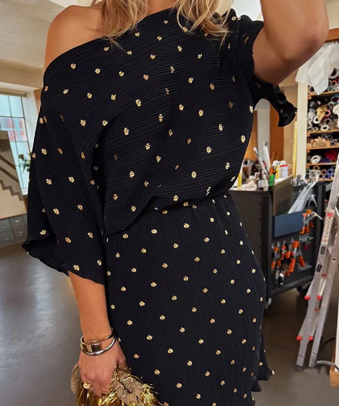 slim fit dress slacks Isla Black and Gold Plisse Wrap Front Midi Dress – Girl In Mind main image 1