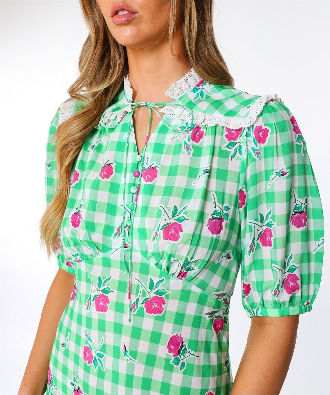 RIXO Green Gwen Gingham Rose Midi Dress | Jules B