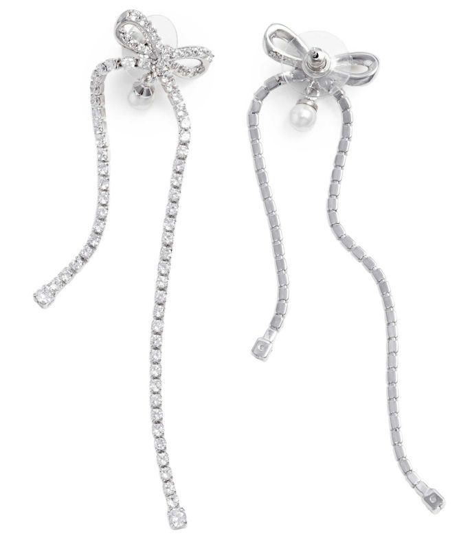 Self-Portrait Crystal Bow Pearl Dangle Earrings