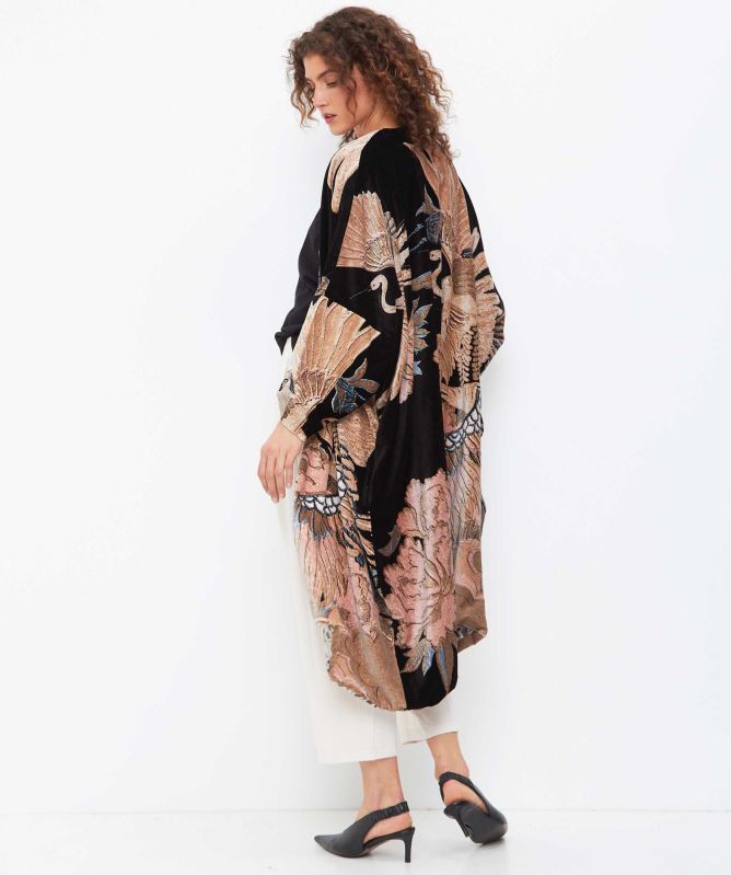 One Hundred Stars Crane Black Velvet Grande Kimono