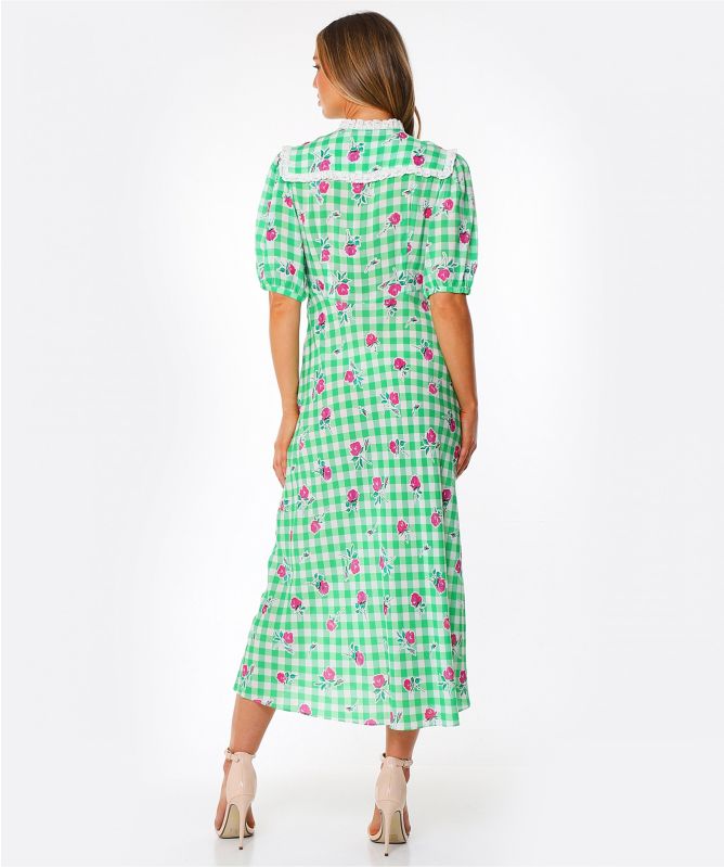 RIXO Green Gwen Gingham Rose Midi Dress | Jules B