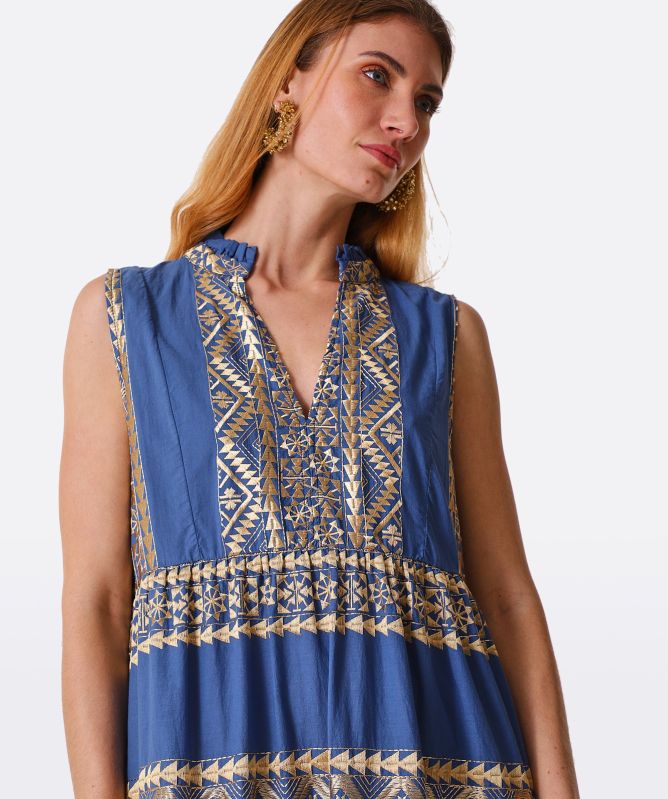 Greek Archaic Kori strappy embroidered dress - blue & gold