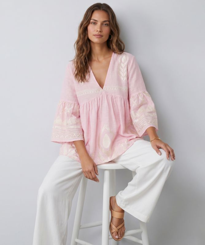 Greek Archaic Kori Feather Embroidered Top