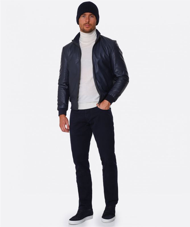 Pal Zileri Navy Leather Bomber Jacket | Jules B