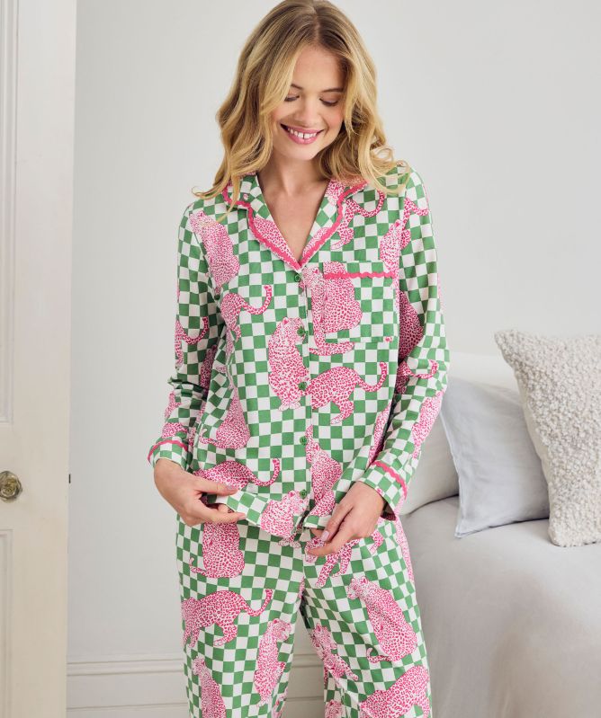 Chelsea Peers Checkerboard Leopards Print Long Pyjamas