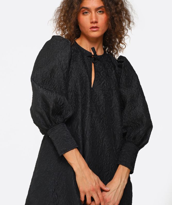 GANNI Black Jacquard Puff Sleeve Mini Dress