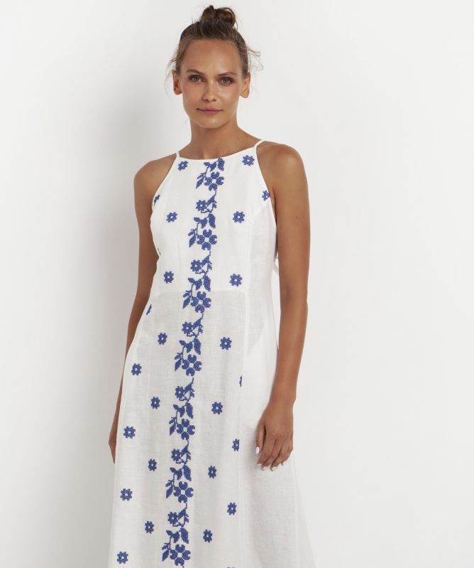 green emerald velvet dress White Linen Lace Insert Midi Dress  self-portrait-US