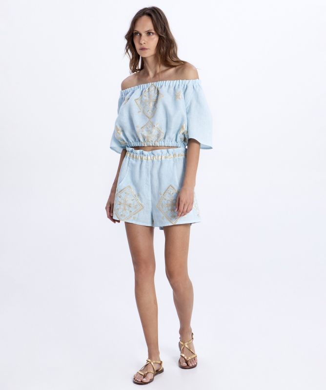 Greek Archaic Kori Lefkada Embroidered Shorts