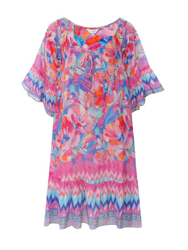 Inoa Exuma Blue Silk FRILL NECK DRESS with Crystals