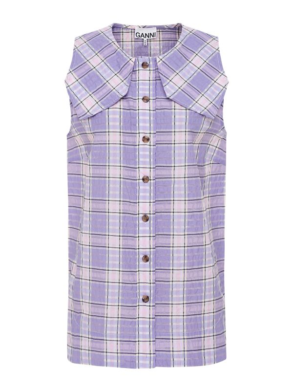 【SCENERITY】Sucker check shirt GANNI Purple Seersucker Check Sleeveless Shirt | Jules B