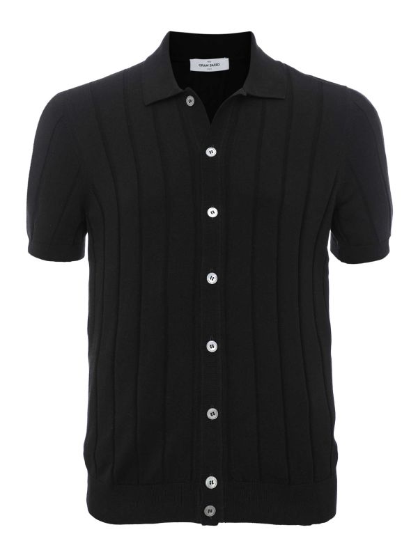 Gran Sasso Black Rib Knit Button Polo Shirt