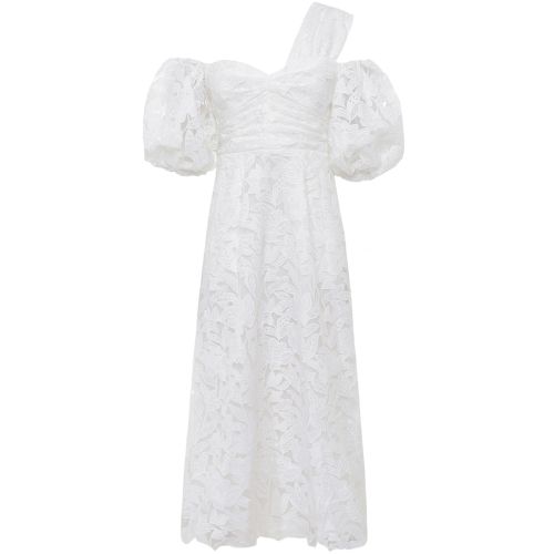 Self-Portrait White Puff Sleeve Leaf Guipure Midi Dress | Jules B