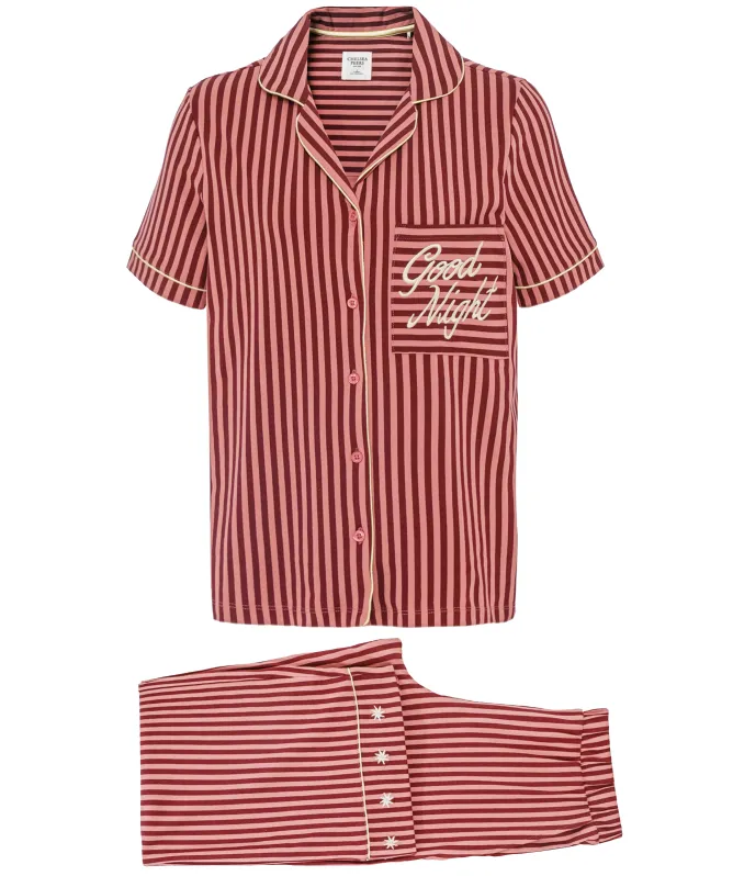 Chelsea Peers Embroidered Good Night Stripe Long Pyjamas